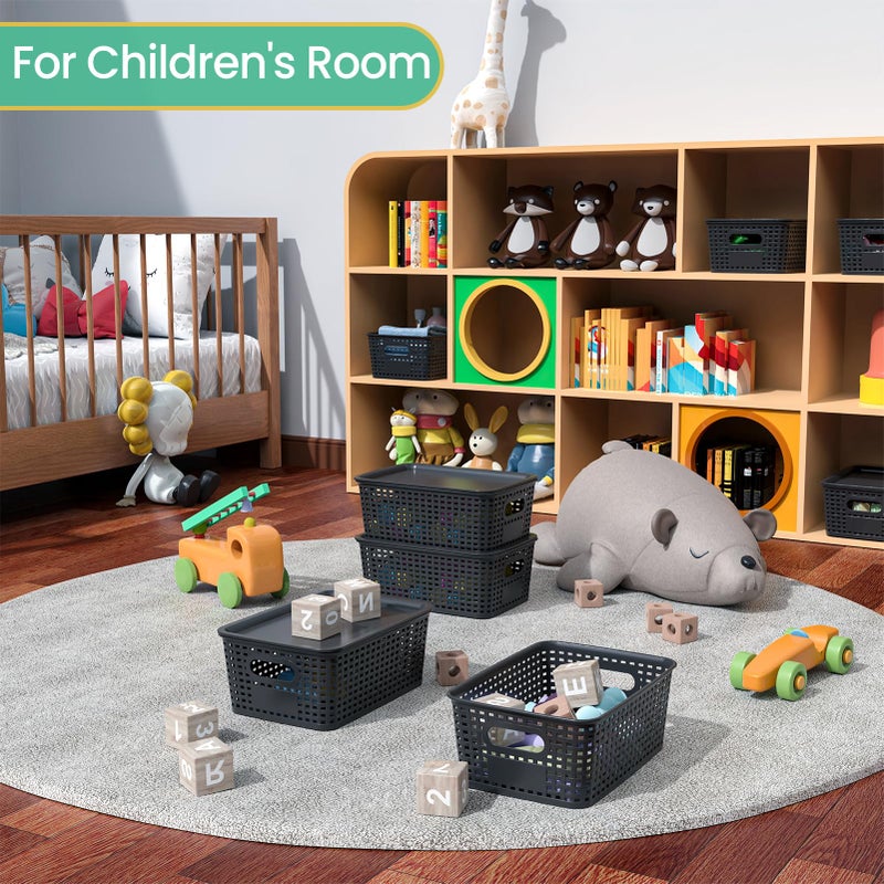 Ohmlove Plastic Storage Baskets with Lid-Plastic Storage Containers Stackable Storage bins: Storage Baskets for Organizing Shelves Drawers Desktop Closet Playroom Classroom Office  8Pack-Black10.2x7.2x4.1Inch - Image 5